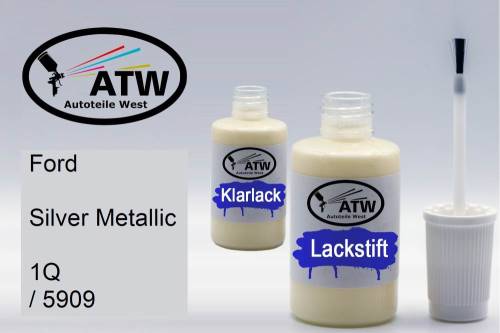 Ford, Silver Metallic, 1Q / 5909: 20ml Lackstift + 20ml Klarlack - Set, von ATW Autoteile West.